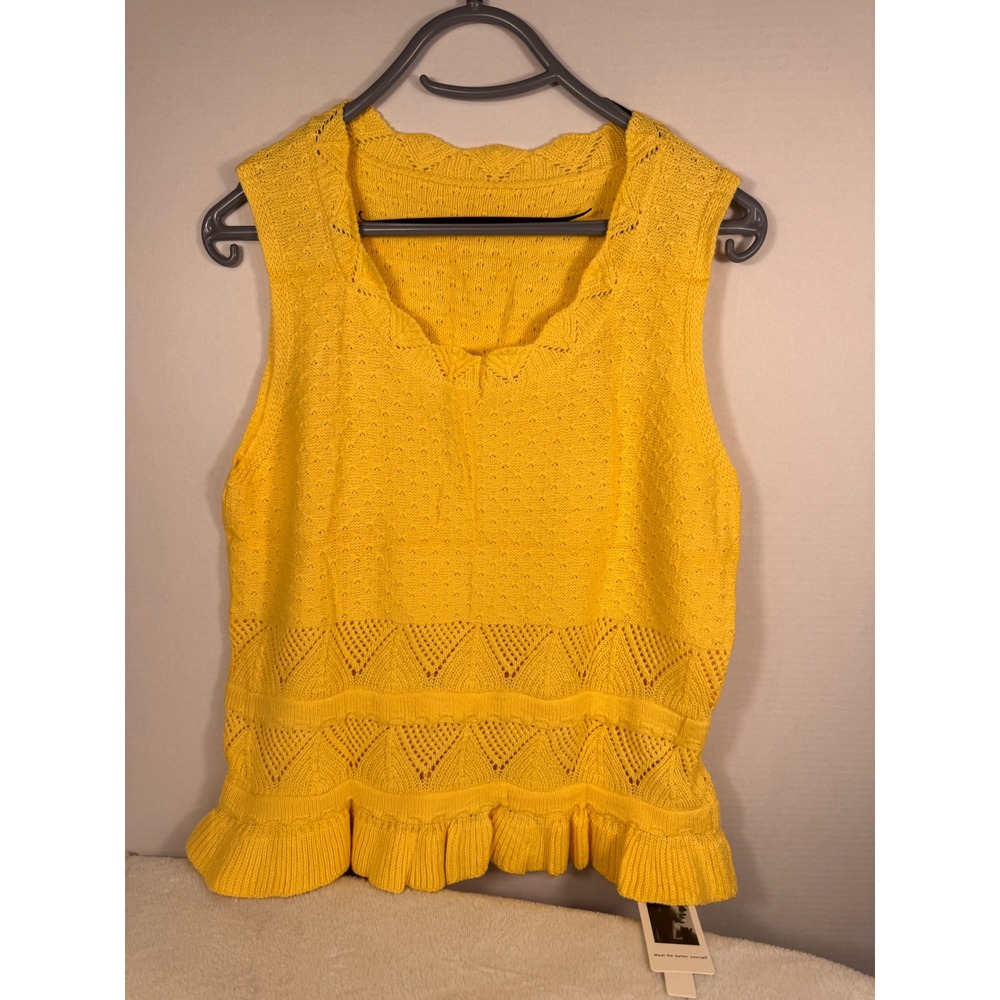 LOMON Women's Medium Yellow Crochet Knit Sleeveless Ruffle Hem Top NWT